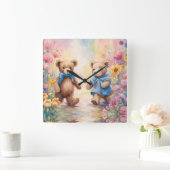 Teddyberen in een pasteltuin vierkante klok (Huis)