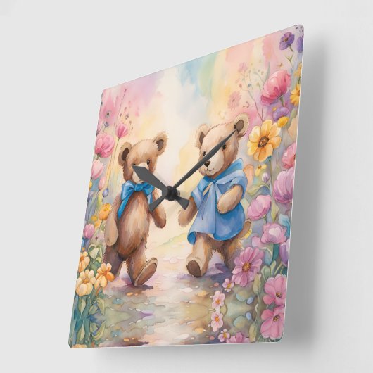 Teddyberen in een pasteltuin vierkante klok (Hoek)