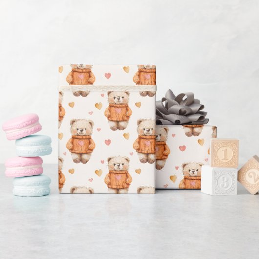 Teddyberen in Oranje truien Cadeaupapier (Baby Shower)