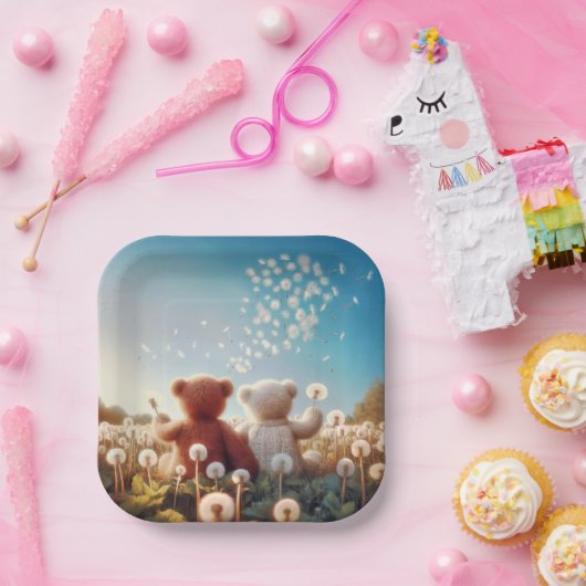 Teddyberen in paardenbloemen papieren bordje