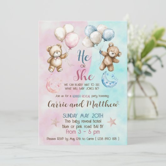 Teddyberen onthullen genderuitnodiging kaart (Staand voorkant)