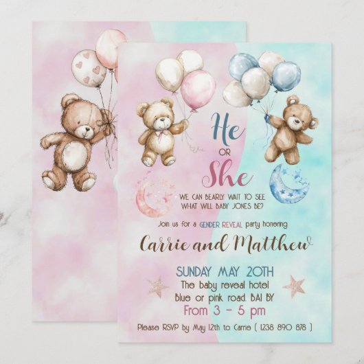 Teddyberen onthullen genderuitnodiging kaart (Voorkant / Achterkant)