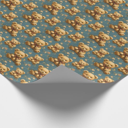  teddyberen op blauw cadeaupapier (Hoek)