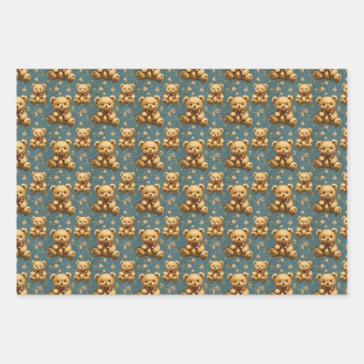  teddyberen op blauw inpakpapier vel (Voorkant 3)