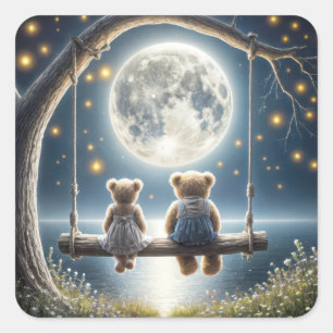 Teddyberen op een schommel in het maanlicht vierkante sticker