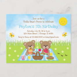 Teddyberenpicknick Blauw Gingham Verjaardag Briefkaart