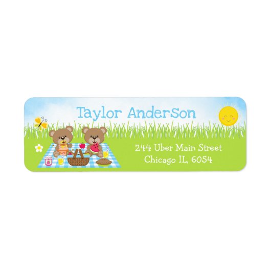 Teddyberenpicknick Jongen Blauw Gingham Etiket (Voorkant)