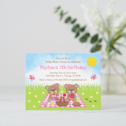 Teddyberenpicknick Roze Gingham Verjaardag Briefkaart (Staand voorkant)