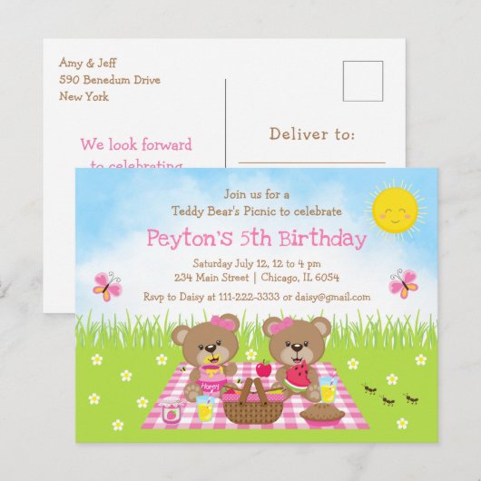 Teddyberenpicknick Roze Gingham Verjaardag Briefkaart (Voorkant / Achterkant)