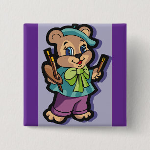 Teddych Bear Kunstenaar met Baret en Schilderkwast Vierkante Button 5,1 Cm