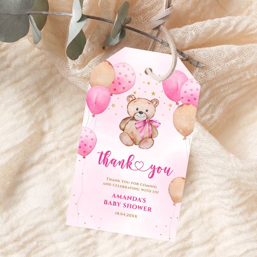 Teddychip Roze Ballonnen Baby Cadeautags Cadeaulabel