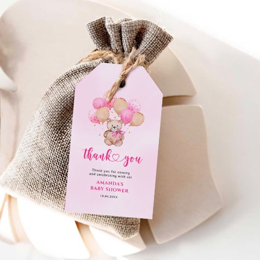 Teddychip Roze Ballonnen Baby Cadeautags Cadeaulabel