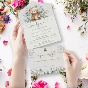 Teddychted Knuffel Geslacht Neutrale Baby Shower A All In One Uitnodiging