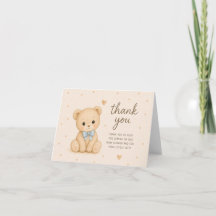 Teddychted met blauwe strik baby shower bedankkaar