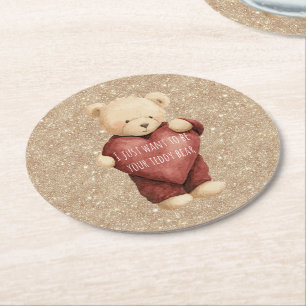 Teddychteddy met rode hart en gouden glitters ronde kartonnen onderzetter