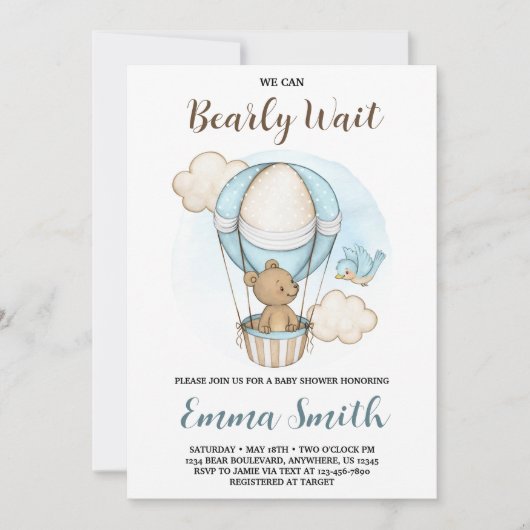 Teddygbeer Heet Lucht Ballon Baby Shower Uitnodigi Kaart (Voorkant)