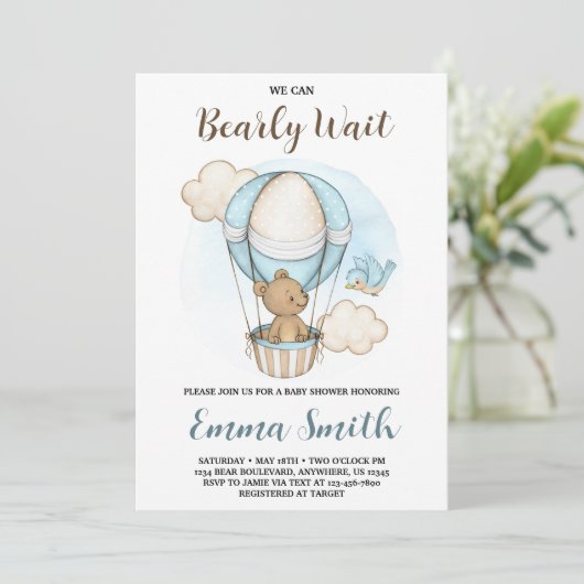Teddygbeer Heet Lucht Ballon Baby Shower Uitnodigi Kaart (Staand voorkant)