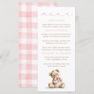 Teddylbeer Roze Gingham Patroon Menukaarten Menu