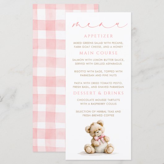 Teddylbeer Roze Gingham Patroon Menukaarten Menu (Voorkant / Achterkant)