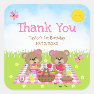 Teddymannen Picknick Verjaardag Roze Gingham Bedan Vierkante Sticker