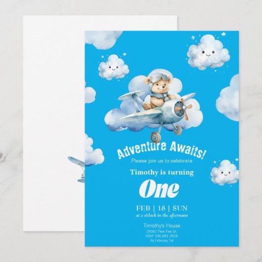 Teddy's eerste verjaardag Sky Safari uitnodiging (Voorkant / Achterkant)