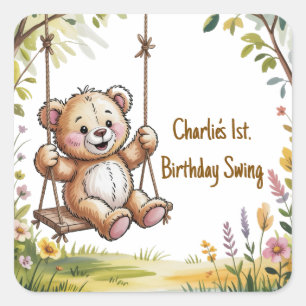 Teddy's eerste verjaardagsfeestje vierkante sticker