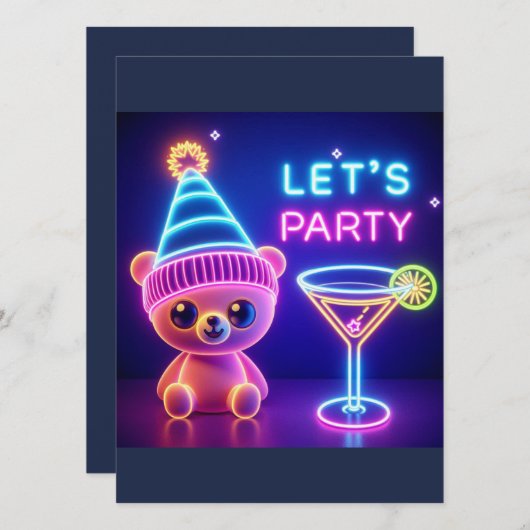 Teddys feesttijd neonroze kaart (Voorkant / Achterkant)