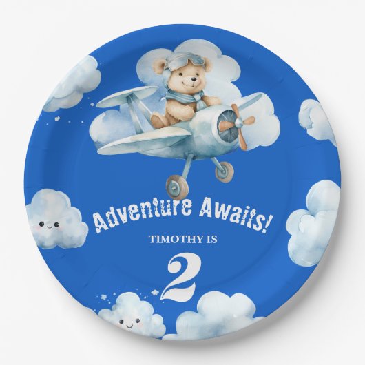 Teddy's Sky-High Soiree: 2e verjaardag Papieren Bordje (Voorkant)