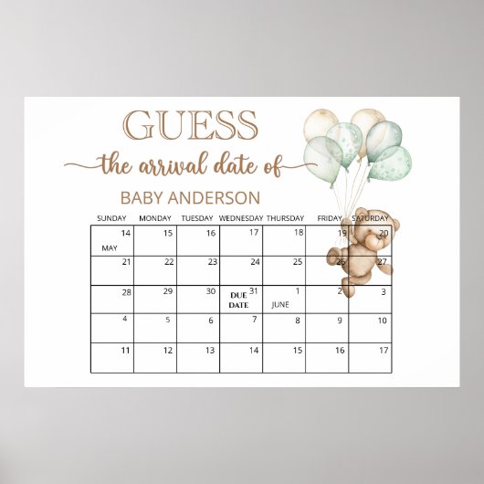 Teddyshower Verwachte Bevalling Datum Kalender    Poster (Voorkant)