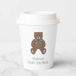 Teddystrik saliegroen wit met naam baby shower papieren bekers
