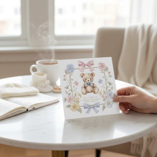 Teder Beertje Baby Shower QR-code met bloemmotief Kaart