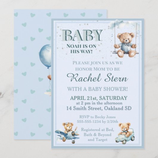 Teder Beertje Teddybeer Baby Shower Uitnodiging (Voorkant / Achterkant)