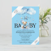Teder blauwe watercolor teddybeer babyshower kaart (Staand voorkant)