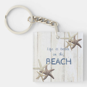 Teder houtstructuur, Zeester, Strand Sleutelhanger