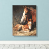 Teder kastanjebruin merrie- en veulenschilderij canvas afdruk (Insitu (Houten vloer))