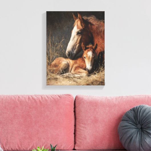 Teder kastanjebruin merrie- en veulenschilderij canvas afdruk (Insitu (Woonkamer))