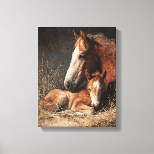 Teder kastanjebruin merrie- en veulenschilderij canvas afdruk (Voorkant)
