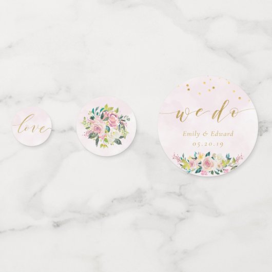 Teder Roze Bloemige Persoonlijke Bruiloftstafel Confetti (Voorkanten)