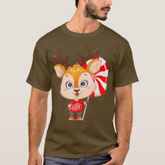 Tee Cute Baby Deer Holding A Giant Candy Reindeer T-shirt
