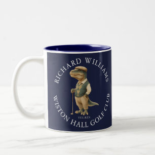 Tee-Rex Dinosaur Golfer Naam En Club Navyblauw Tweekleurige Koffiemok