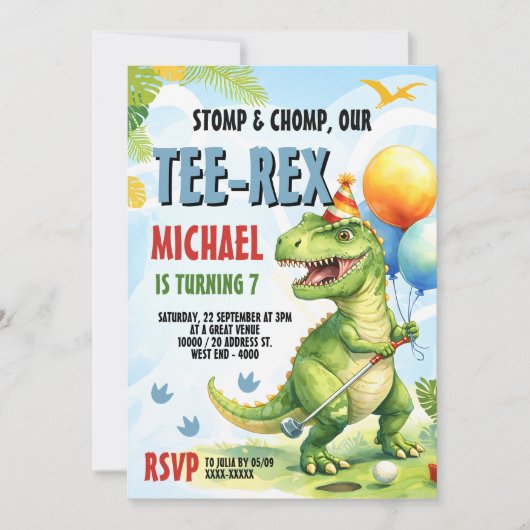 Tee-Rex Golf Dinosaur Mini Golf Birthday Party Kaart (Voorkant)