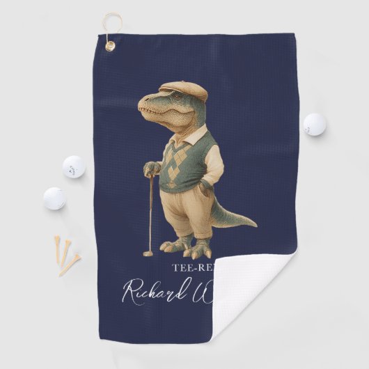 Tee-Rex Golfer Dinosaur Signature Name Navy Blue Golfhanddoek (Insitu)