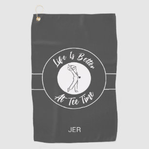 Tee Time Golfer Humor Sporten Monogram Grijs Wit Golfhanddoek