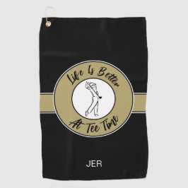 Tee Time Golfer Humor Sporten Monogram Zwart Goud Golfhanddoek