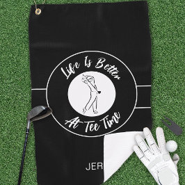 Tee Time Golfer Humor Sporten Monogram Zwart Wit Golfhanddoek
