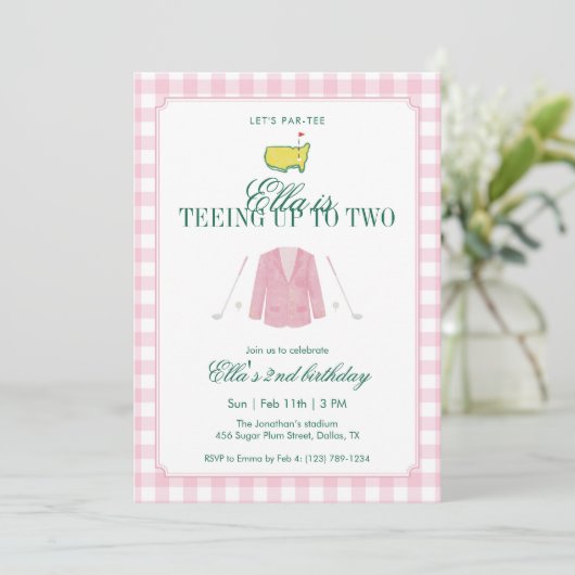 Teeing Up To Two Golf 2nd Birthday Pink Gingham Kaart (Staand voorkant)