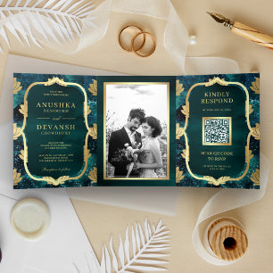 Teele Galactische Gouden Lotus QR Code Indiase Tro Drieluik Uitnodiging
