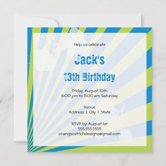 Teen Birthday Party Invitation | Jongen Kaart (Achterkant)