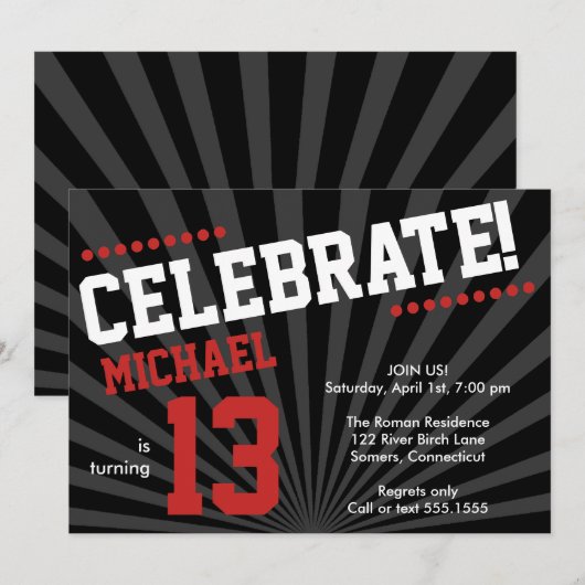 Teen Boy Birthday Invitation-any Year, Red Kaart (Voorkant / Achterkant)