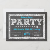 Teen Boy Birthday Invitation, Chalkboard, Blue Kaart (Voorkant)